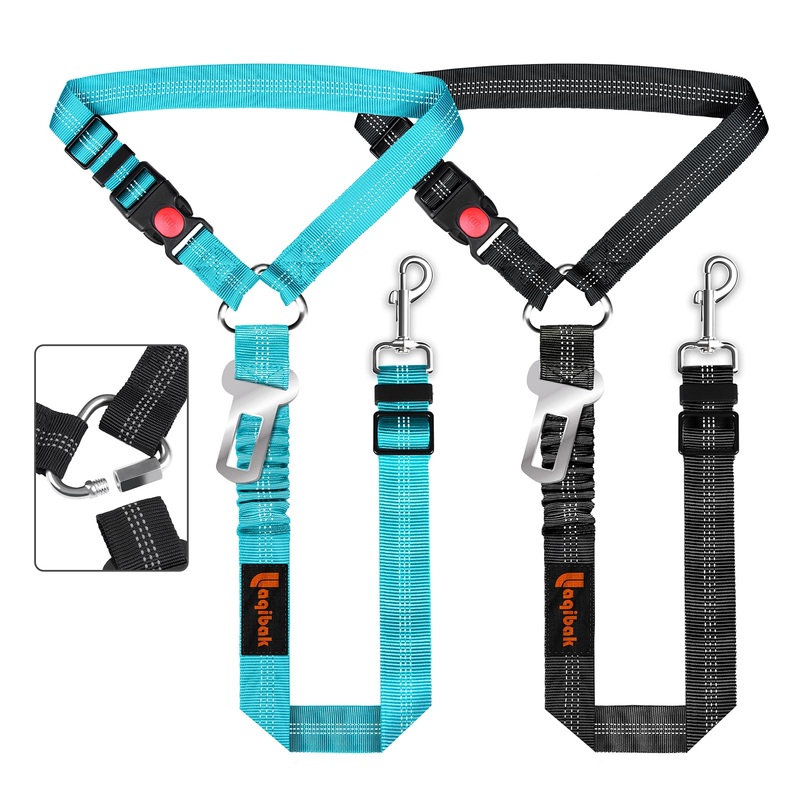 Removable Dog Seat Belt Harness for Car, 3 in 1 Pet Dog Car Seatbelt Leash, Retractable Restraint Secures to Vehicle Headrest & Adjustable Reflective Bungee Dog Seatbelt Tether with Poop Bag Holder Black+Blue