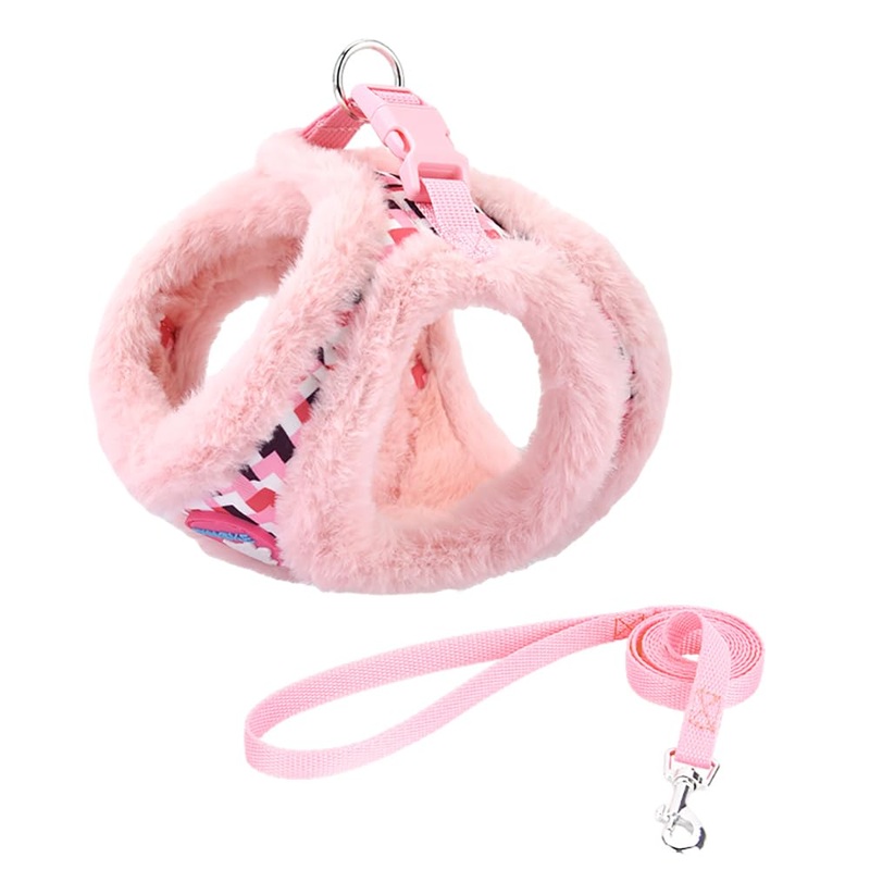 Small Dog Harness and Leash Set, Winter Warm Dog Vest Harness, Soft Plush Padded Puppy Harness with Quick Release Buckles for Walking (Pink,S) Pink S