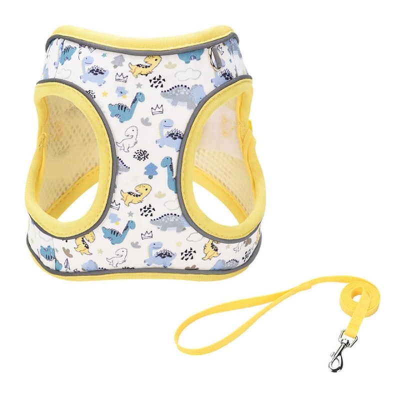Step in Dog Harness and Leash Set, Flower Adjustable Easy Walk Puppy Harnesses, Soft Mesh Pet Vest Harness Small Size Dog Adjustable No Pull Dog Harness for Small Medium Dogs(Dinosaur, M) Yellow-Dinosaur M(neck:12″-13.5″,chest:16″-18″)