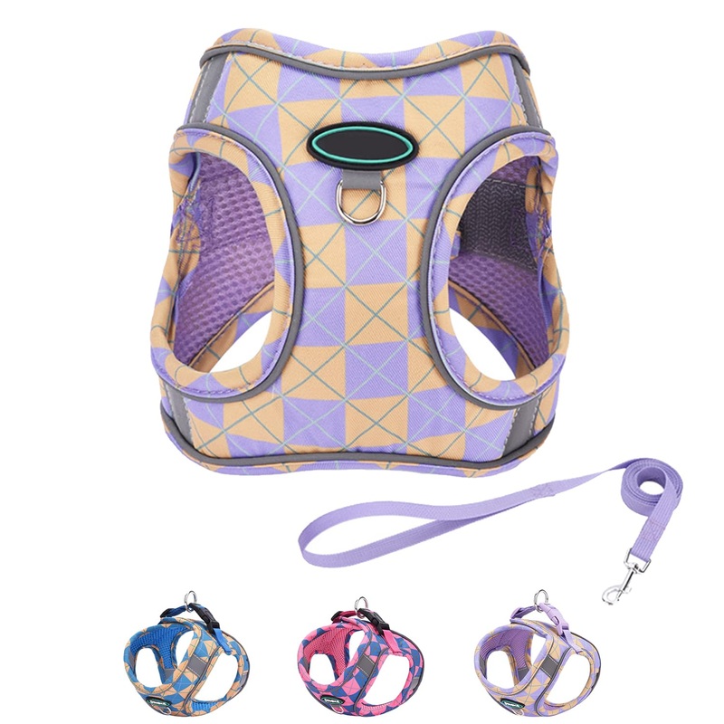 Step in Dog Harness and Leash Set, Plaid Adjustable Easy Walk Puppy Harnesses, Soft Mesh Pet Vest Harness Small Size Dog Adjustable No Pull Dog Harness for Small Medium Dogs(Yellow Purple, M) Yellow purple