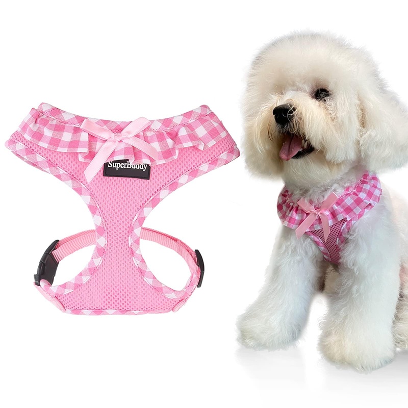 SuperBuddy Upgraded Soft Mesh Dog Harness, Super Breathable Lightweight Pet Harnesses for Puppy Dogs Outdoor Walking, Pink Dog Harness -Small S (Neck Girth 9.8″; Chest Girth:12-18) Adorable Pink