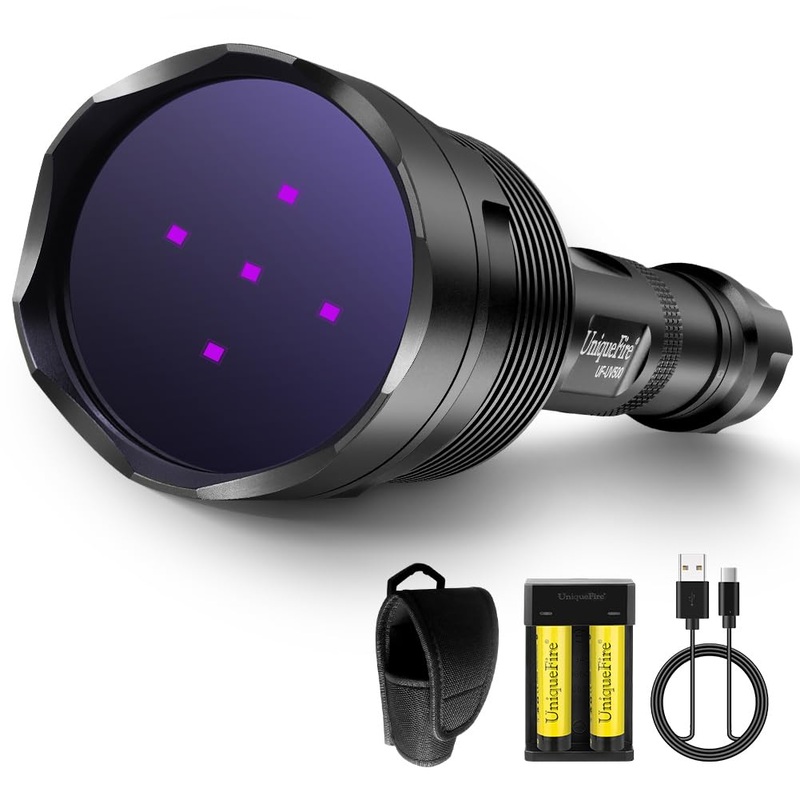 UniqueFire 365nm Black Light UV Flashlight with 5 LEDs Professional UV Light, 50W Powerful Blacklight Flashlight Rechargeable for Pet Urine Finding & Mineral, Antique Detection, Scorpion Search, etc