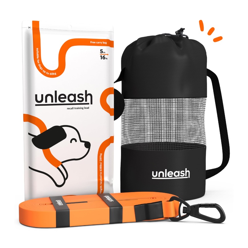 Unleash 30ft Waterproof Dog Training Long Leash for Dogs – Heavy Duty Long Dog Leash with Secure Locking Clasp – Tearproof Puppy Training Accessory – Built to Last with 289kg Force & Free Carry Bag Orange