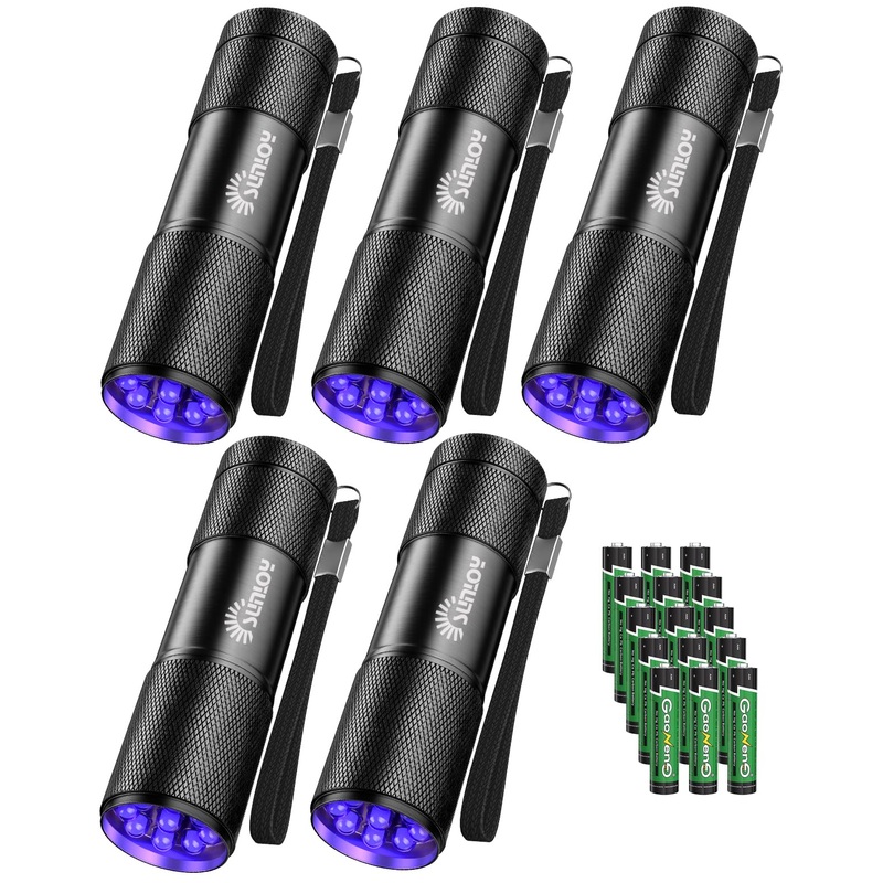 UV Flashlight Black Light UV Lights, 5 Pack 9 LED 395nm Ultraviolet Blacklight, Handheld Mini Torch Light Pet Urine Detector for Dog/Cat Urine, Dry Stains, Bed Bug(15x AAA Batteries(Black))