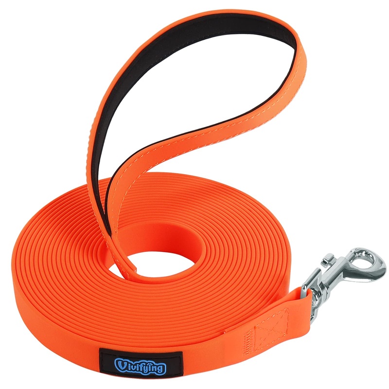 Vivifying Waterproof Long Dog Leash, 20ft Dog Training Leash for Outside, Durable PVC Long Line Lead with Padded Handle for Recall Training, Hiking, Swimming, Beach and Lake (Orange) Orange