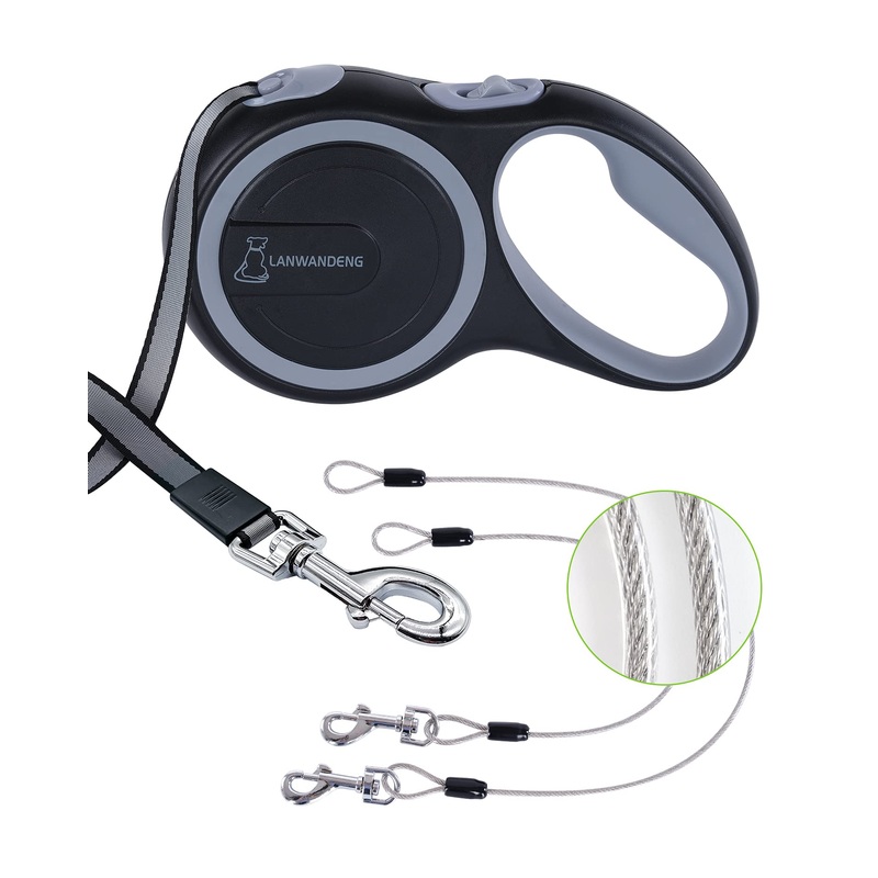 26FT Chew Proof Retractable Dog Leash with 2 Heavy Duty Anti-Chewing Wire Ropes, 360 Tangle-Free Dog Lead with Anti-Slip Handle for Medium/Large Dogs up to 110 lbs Gray