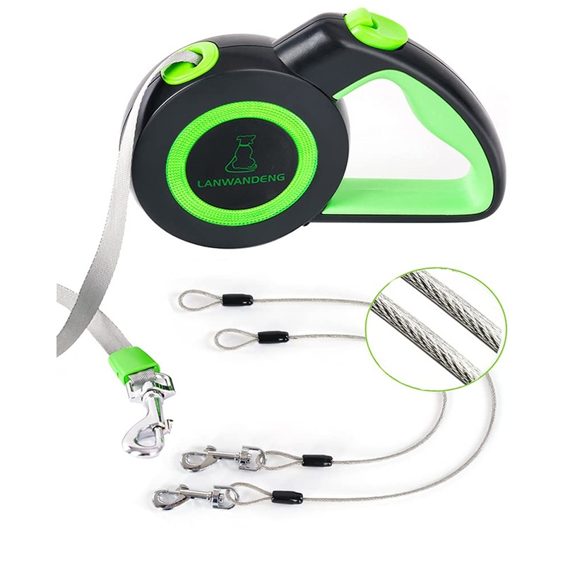 Chew Proof Retractable Dog Leash with 2 Heavy Duty Anti-Chewing Wire Ropes, 16FT Leashes 360 Tangle Free for 2 Dogs, Dual Dog Lead for Small/Medium/Large Dogs Medium Green