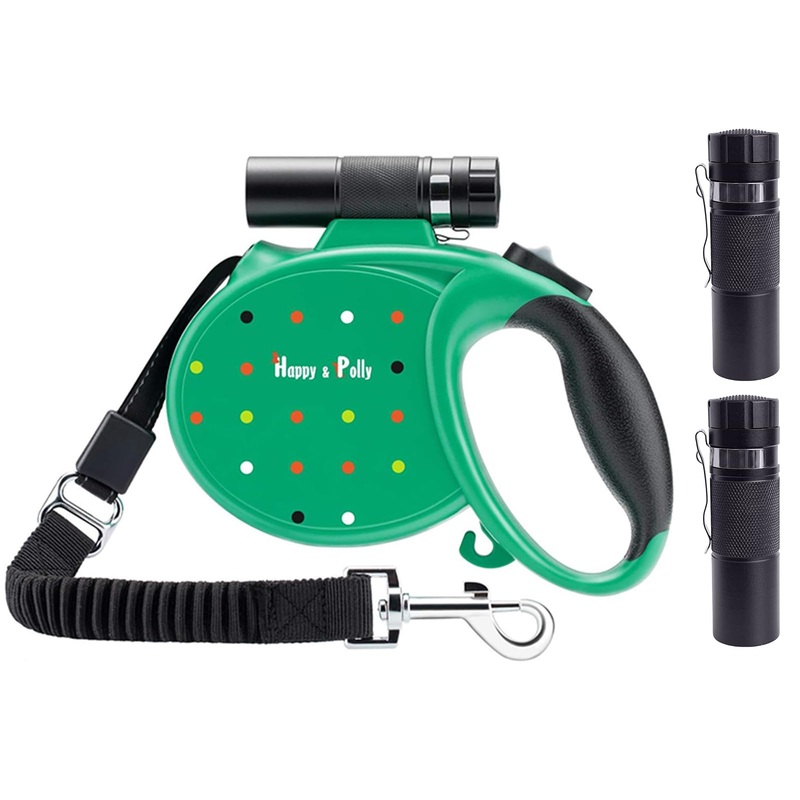 Happy & Polly Retractable Dog Leash with Flashlight, Protective Bungee Leash, Convenient Hook, 16.4ft Reflective Fishing Line Weaved Strong Tape, One- Handed Release, Pause, Lock Green