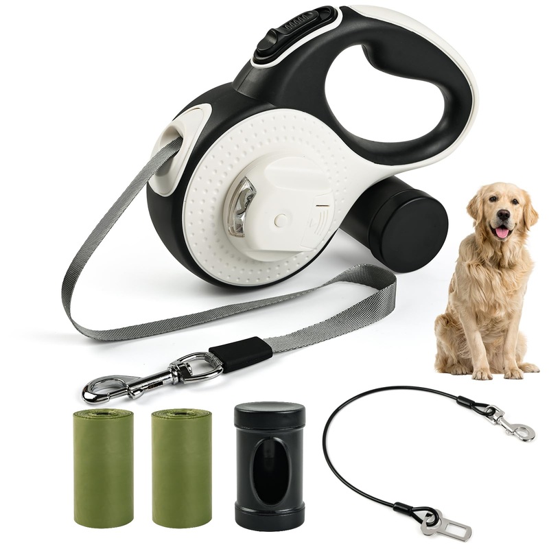Heavy Duty Retractable Dog Leash for Large Dogs, 26ft with Chew Proof Cable, LED Light, Dispenser, 2 Poop Bags. 360 No Tangle, One Button Brake & Lock, for Dogs Up to 100Lbs. (White, 26ft) White