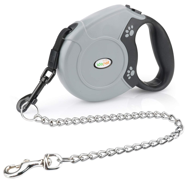 Idepet Heavy Duty Retractable Dog Leash for Small and Medium Dogs, Anti-Chewing Steel Chain 360 Degree Tangle-Free,Break and Lock System,16ft Leash for Dog Walking (Grey, Flat Rope) Grey