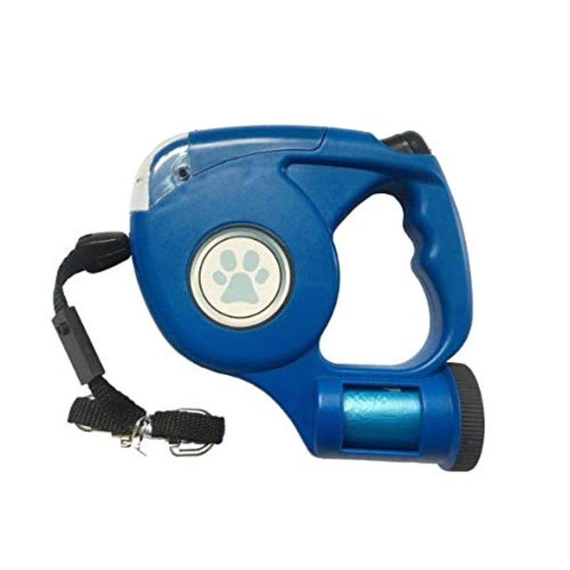 JEBBLAS Dog Retractable Leashes with Flashlight and Waste Bag Dispenser, 3 in 1 Automatic Dog Walking Leash with Anti-Slip Handle, Blue, 15ft