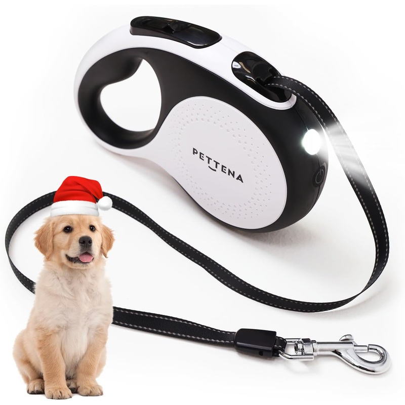 LED Light Ver. PETTENA One-Touch Retractable Dog Leash for Small/Medium Dogs up to 66lbs, 16FT Puppy Leash, Reflective Dog Leash with Anti-Chew Cable 360 Tangle-Free White
