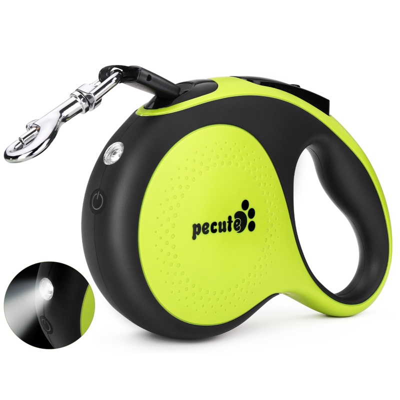 Pecute 16 ft Retractable Heavy Duty Dog Leash with Light Rechargeable, Walking Dog Leash with Nylon Tape, 360 Tangle-Free, One-Button Control, High Strength Hook for Large Dog Up to 110 lbs