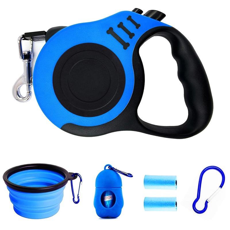 PETIMP Retractable Dog Leash Lightweight 16FT Leash Claw Print, with Folding Bowl,Dispenser,Rubbish Bags, for Small Medium Dogs(Blue)