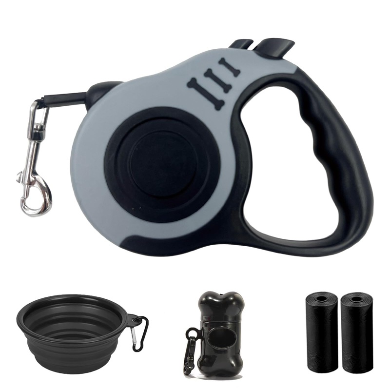Retractable Dog Leash, 10 FT Dog Leash for Small Medium Dogs up to 22lbs, Pet Tape with Anti Slip Handle and Lock Nylon, 1 Silicone Dog Bowl, 1 Dispenser, 2 Waste Bag 10ft (for Dogs Up to 22lbs) Black Gray