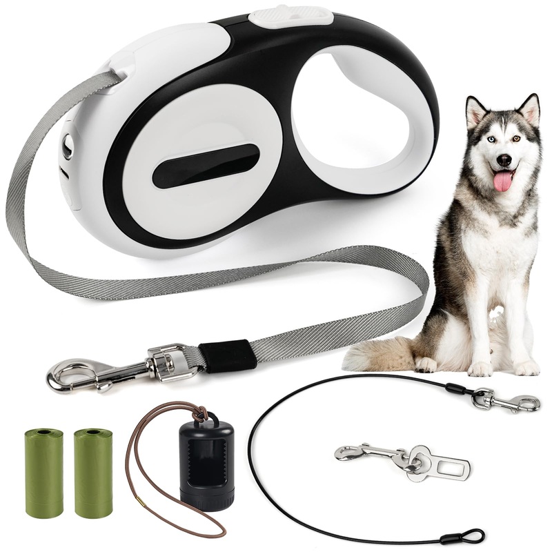 Retractable Dog Leash 16ft, 360 Tangle-Free, with Chew Proof Cable, LED Light, Dispenser, 2 Poop Bags. One Button Brake & Lock, Anti-Slip Handle, for Dogs Up to 75lbs. (White, 16ft) White