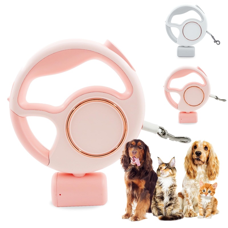 Retractable Dog Leash 4 in 1 with LED Light & Dispenser & Fixed Hanging, 10 ft Heavy Duty Dog Leash Retractable for Medium Large Dogs Up to 90lbs, 360Tangle-Free, One Button Brake & Lock (Pink) pink