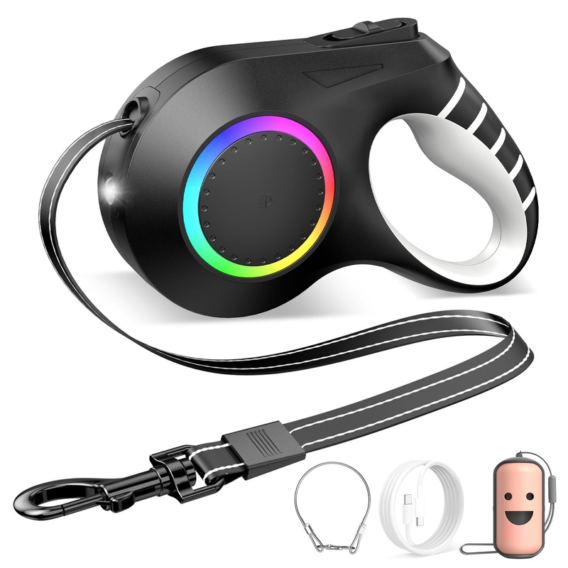 Retractable Dog Leash with Light, 20ft Dog Leash Retractable with Chew Proof Wire Rope and Poop Bag Dispenser for Medium and Large Dogs Up to 110lbs