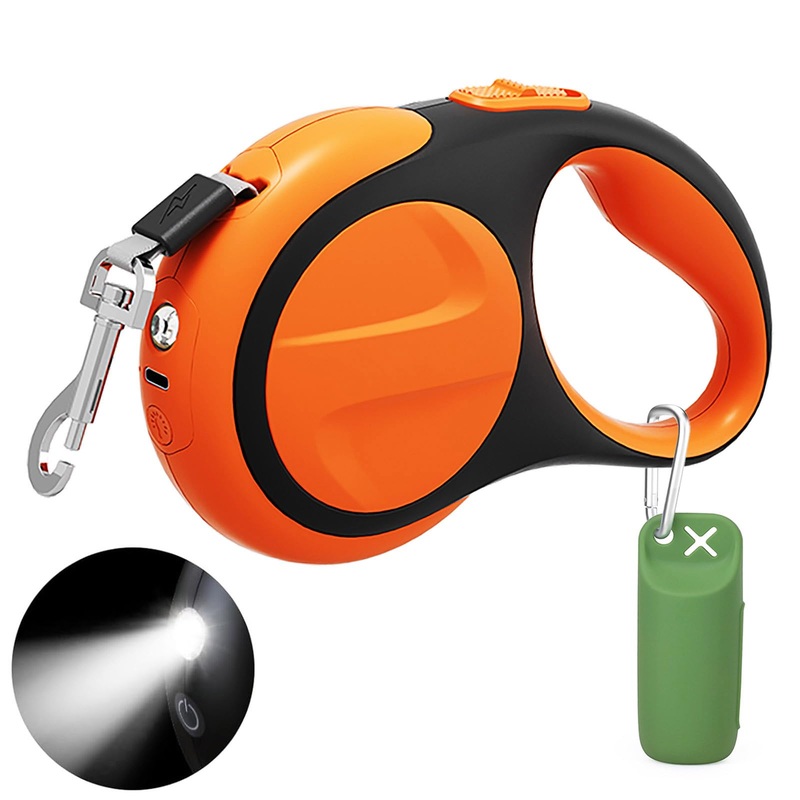 Retractable Dog Leash with Light and Poop Bag Holder, 16ft Dog Leash Retractable for Small Medium Dogs Walking, Rechargeable Puppy Retractable Leash with Led Flashlight for Pet Upto 66 Lbs, No Tangle With Led Light 16 FT