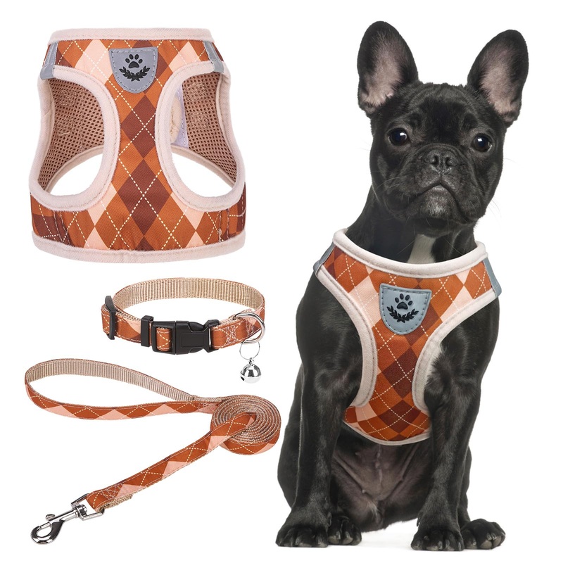 SCENEREAL Dog Harness Collar and Leash Set, Step-in No Pull Pet Vest Harnesses for Small Medium Dogs Puppy Cats, Soft Mesh No-Chock Reflective Vest Harness for Outdoor Walking Running, Brown Plaid S S: Chest Girth: 14.5″-16″