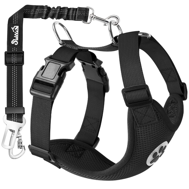 SlowTon Dog Seat Belt Harness for Car, Dog Car Harness Adjustable Mesh Breathable & Dog Seatbelt Safety Tether with Elastic Bungee for Small Medium Large Pets(Black, Double Clip, M) A-Black