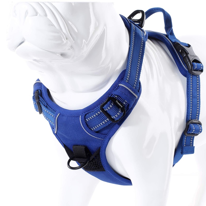 Soft Front Dog Harness .Best Reflective No Pull Harness with Handle and 2 Leash Attachments Large (Pack of 1) Royal Blue