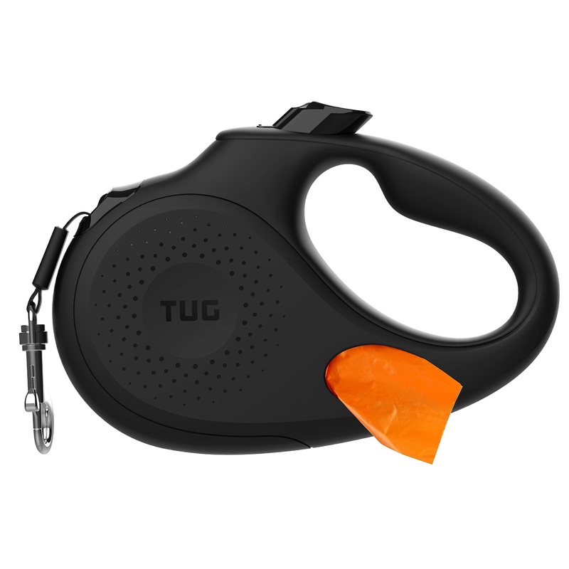 TUG Oval 360 Tangle-Free Retractable Dog Leash with Integrated Waste Bag Dispenser (Small, Black) Small