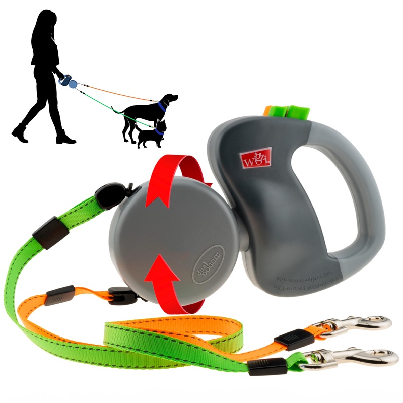WIGZI (2) Two Dog Reflective Retractable Pet Leash  360 Degree Zero Tangle Patent – Two Dogs Each up to 50 lbs and 10ft. Reflective Orange and Green Leads. Dual Locking Regular Handle