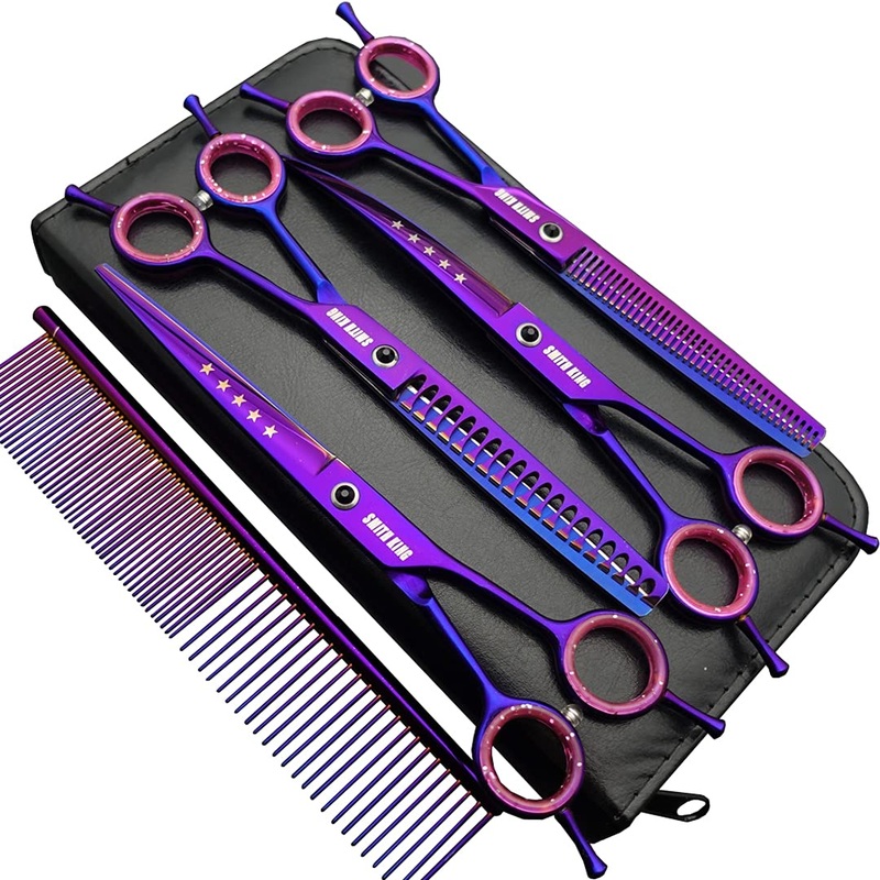 7.0 inches Professional Dog Grooming Scissors Set Straight & thinning & Curved & chunkers & comb 5pcs in 1 Set for left-handed & right handed Right-handed Purple