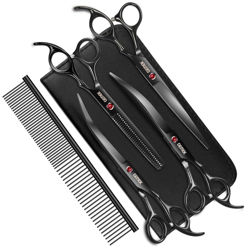 7.0in Titanium Professional Dog Grooming Scissors Set, GEMEK 6 in 1 Straight & Thinning & Upwards Curved & Downwards Curved Scissors & Comb for Dogs, Cats and Other Animals Black 7inch