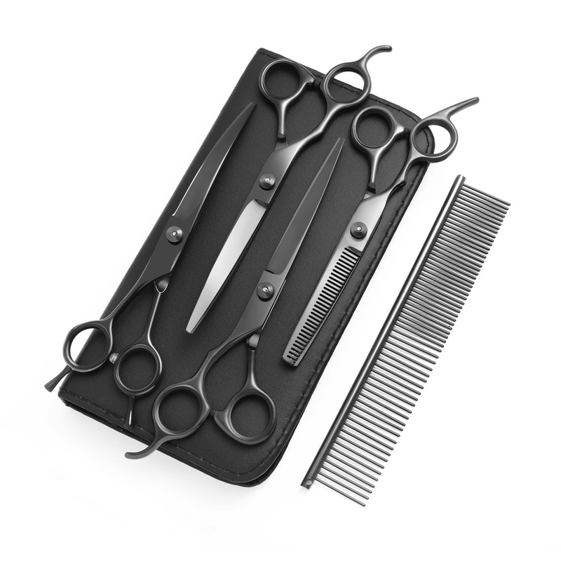 8.0 in 9CR Titanium Professional dog grooming scissors set,Grooming Scissors for Dogs Cats,Pet nail clippers,Shears, Straight,Curved,Thinning Shears,Comb for Full Body,Face, Nose,Ear,Paw Black