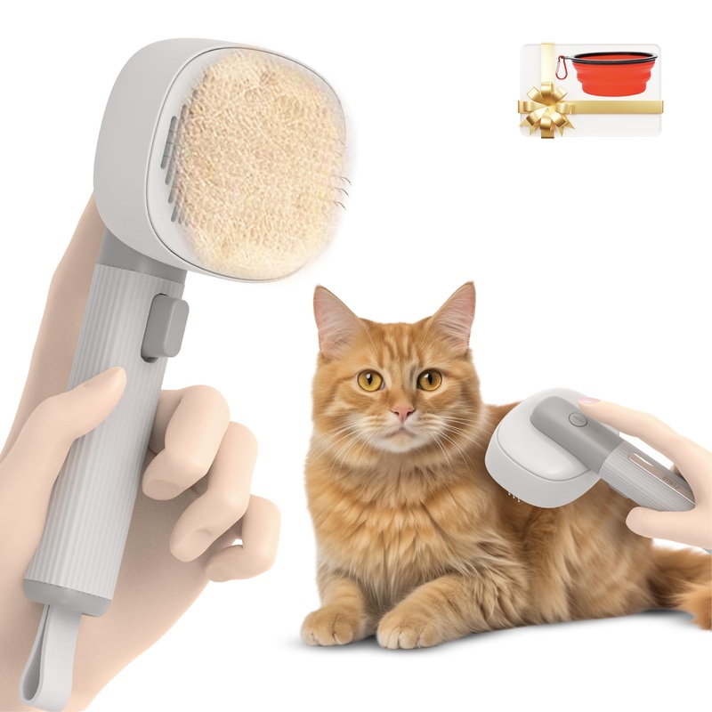 BARFI Pet Brush – Self-Cleaning Pet, Cat, Dog Shedding Brush – Multi-Functional Grooming Tool with Negative Ion Technology, Vibrating Massager, Wood’s Lamp (Gray) – Free Pet Bowl Gray