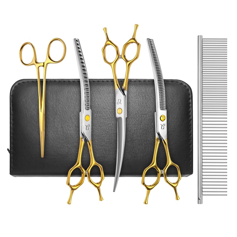 Dog Grooming Scissors,Curved Scissors with Safety Round Tips,Sharp and Durable 5 in 1 Dog Scissors for Grooming