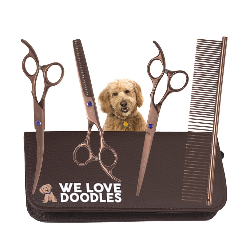 Dog Grooming Scissors Kit – Best Tools For Goldendoodles, Poodles & Doodles – Straight, Curved & Thinning Shears – Golden Doodle Grooming Kit – Professional Grade Steel, 4 Pc Set [We Love Doodles] Long Professional Series