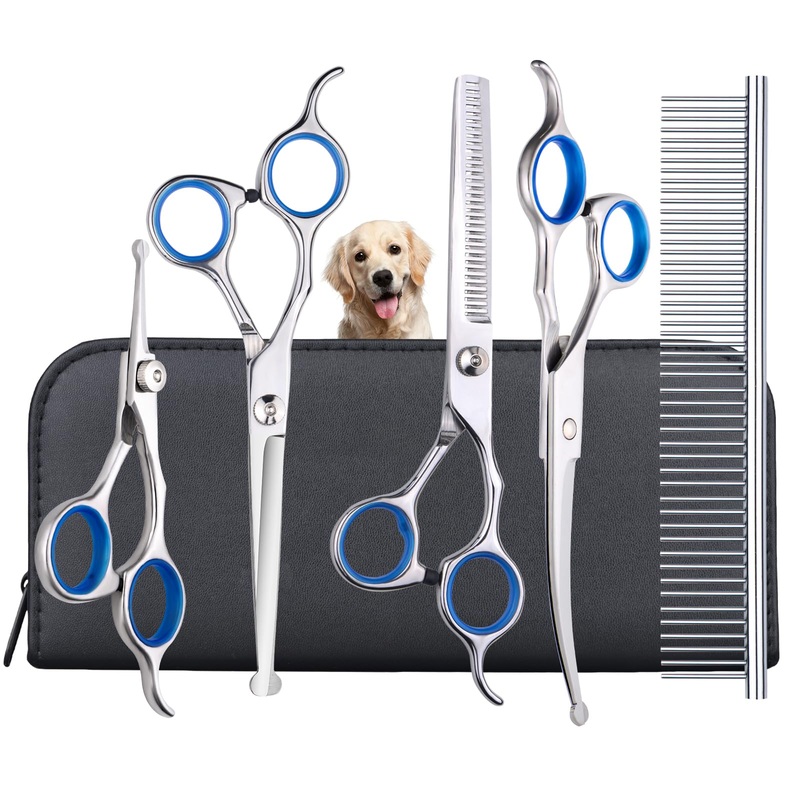 Dog Grooming Scissors Kit with Safety Round Tips, SUMCOO 6 in 1 Professional Dog Scissors Pet Grooming Trimmer Kit -Thinning Shears Straight & Curved Scissors with Comb for Dogs and Cats Blue Set of 5