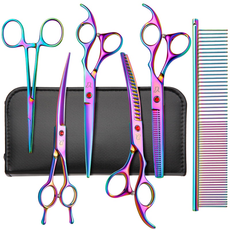 Dog Grooming Scissors,Rainbow Curved Scissors with Safety Round Tips,Sharp and Durable 6 in 1 Dog Scissors for Grooming