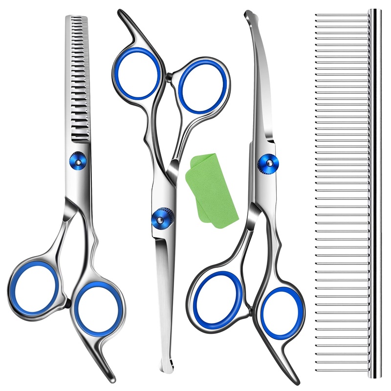 Dog Grooming Scissors with Safety Round Tip,Professional Dog Grooming Kit,Dog Hair Shears Set,Incude Thinning CurvedStraight Scissors and Comb.Suitable for The Right Hand Blue 5 in 1