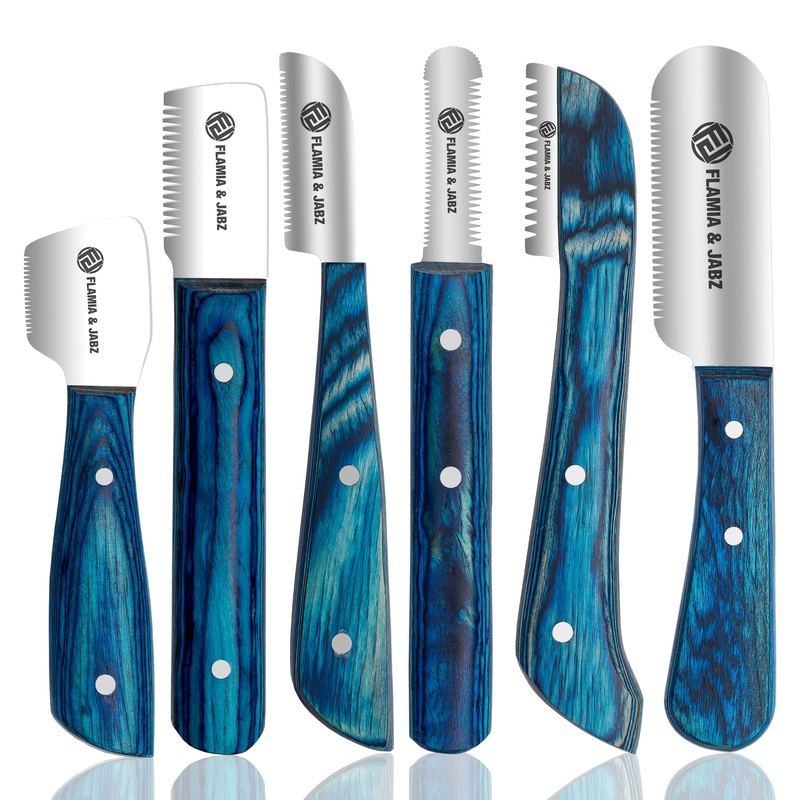 FLAMIA & JABZ FJ Professional Stripping Knife kit (6 pieces set) for Dogs & Pets, Wooden Handle Grip with Stainless Steel Blade (Right handed) (Blue) Blue