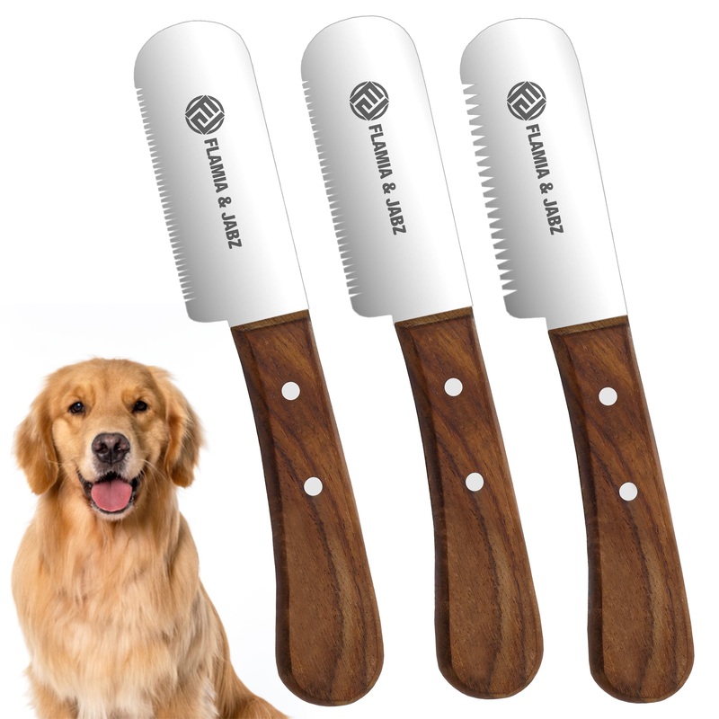 FLAMIA & JABZ Professional Dog Grooming Hand Stripping Knife, Stripper Trimmer Tool, Red Meranti Wooded Handle non slip grip with Tripping Stainless Steel blade (3 Piece Pack, Right Handed) 3 Piece Pack