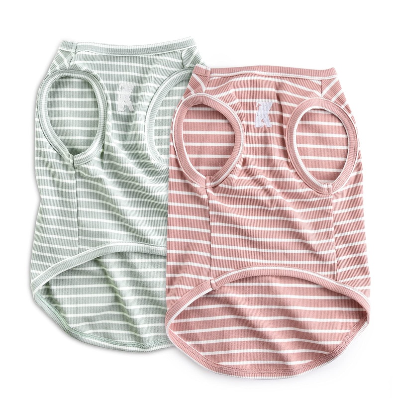 Koneseve Dog Shirt Vest Lightweight Stretchy Dog T-Shirts Soft Cool Shirts Sleeveless Stripe Vests Breathable Clothes for Puppy Kitty Cats Small Medium Large Dogs 2 Pack Pink + Green [ L/Large ] L-(9~17lb) | Chest(~17.7″)