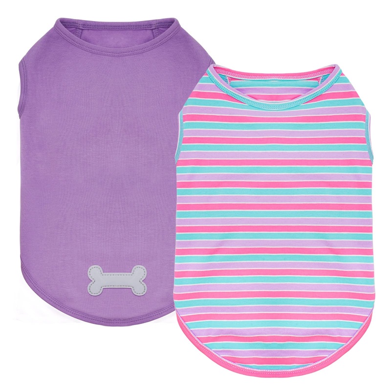 KYEESE 2 Pack Dog Shirts Striped Dog T-Shirts Soft Cotton Tank Top Sleeveless Vest Cat Shirts Dog Clothes Medium (7-13lbs) 2# 2Pack (Pink Striped+Purple)