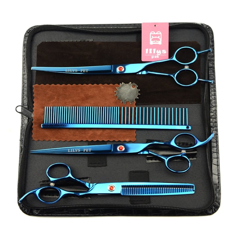 LILYS PET 8.0″ Professional PET Grooming scissors Kit,CoatedTitanium,Sharp and Strong Stainless Steel Blade for Dogs Cats Hair Cutting,3 Pieces of Scissors with a Comb and a Case (Blue)