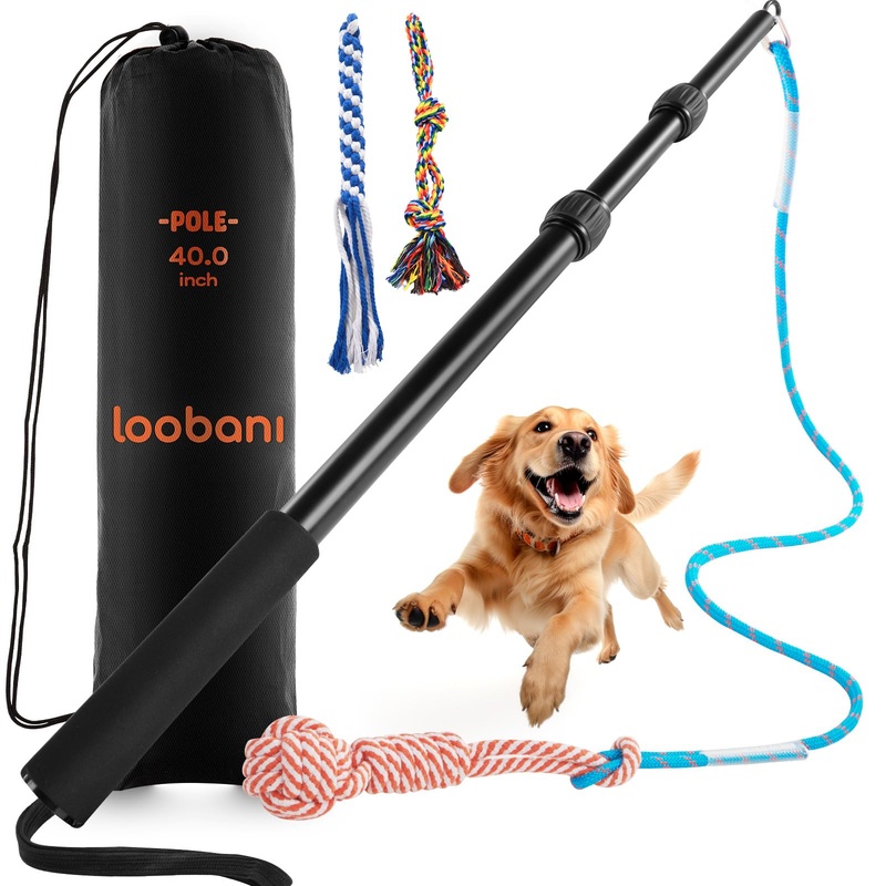 LOOBANI Upgraded Flirt Pole for Dogs, Extendable Dog Flirt Pole with Detachable Interactive Toys, Reinforced Aluminum Alloy Flirt Stick for Small Medium Dogs Training, Playing, Exercise(Pole 40in Max)