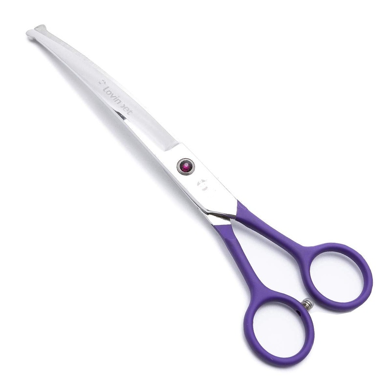 LovinPet Pet Grooming Scissors 7″ Curved Right/Left-Handed Pet Round-Tip Grooming 6CR Stainless Steel Safety trimming shears for Dogs and Cats (Easy use Curved Scissor) Purple