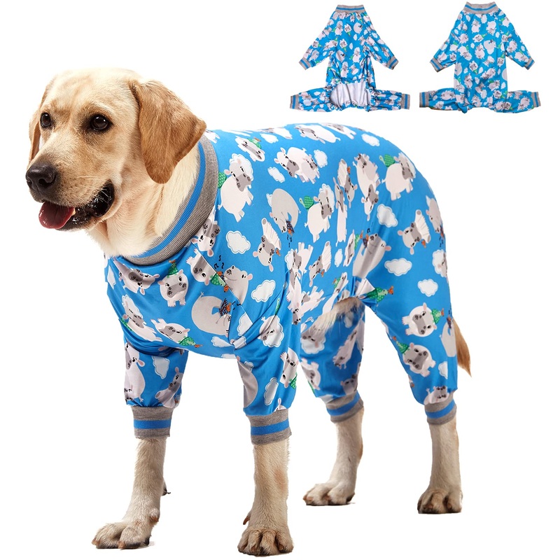 LovinPet Pitbull Outfit Dogs/Cozy Dog Pajamas, Slim Fit, Lightweight Pullover/Full Coverage Dog Pjs/Happy Hippo Blue Print/Large Breed Dog Pjs/XL X-Large