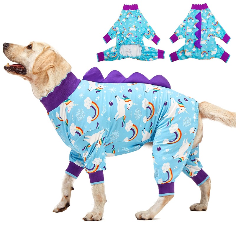 LovinPet XXL Dog Pjs, Anti Licking Dog Recovery Clothes, Kightweight Onesie, Starlight Rainbow/Wild Horse Prints Dog Clothing, UV Protection, Adorable pet PJ’s /2XL XX-Large Blue