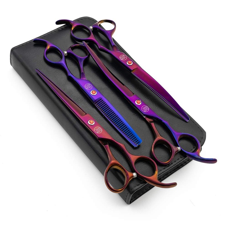 Moontay Professional 7.0″ Dog Grooming Scissors Set, 4-pieces Straight, Upward Curved, Downward Curved, Thinning/Blending Shears for Dog, Cat and Pets, JP Stainless Steel, Purple 7 Inch (Pack of 4)