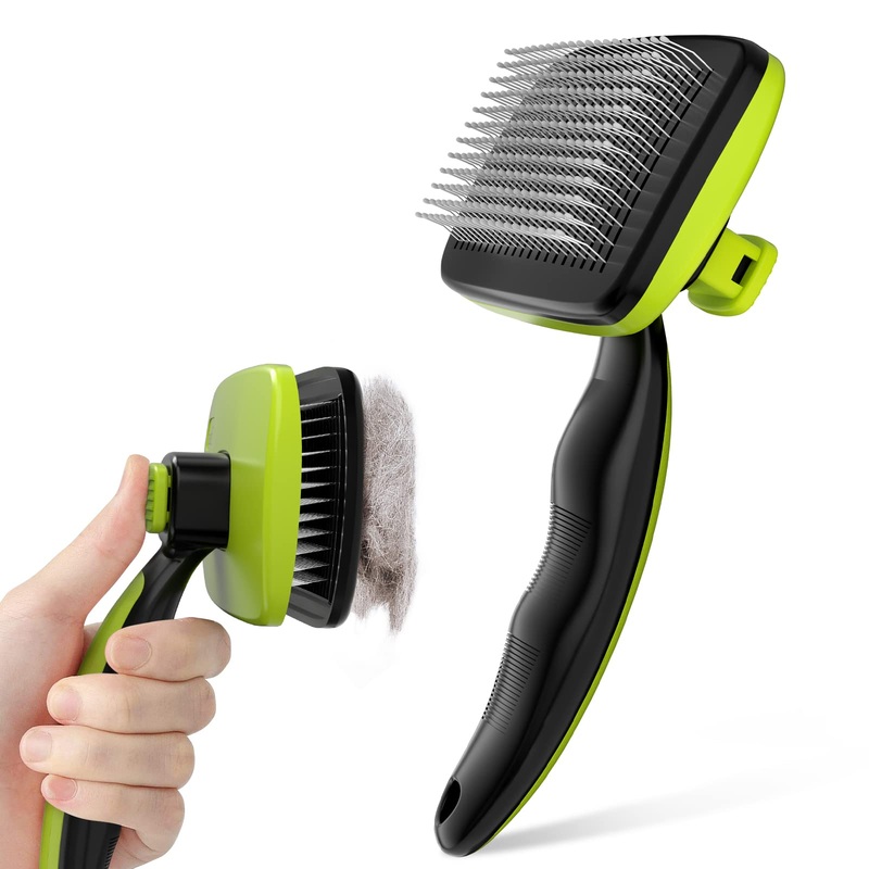 Pecute Self-Cleaning Slicker Brush for Dogs, Cats, Lightweight Dog Brush for Shedding Massaging Grooming, Cat Brush Gently Removes Loose Fur Undercoat for Small Dogs Cats Rabbits of All Hair Types Medium Green