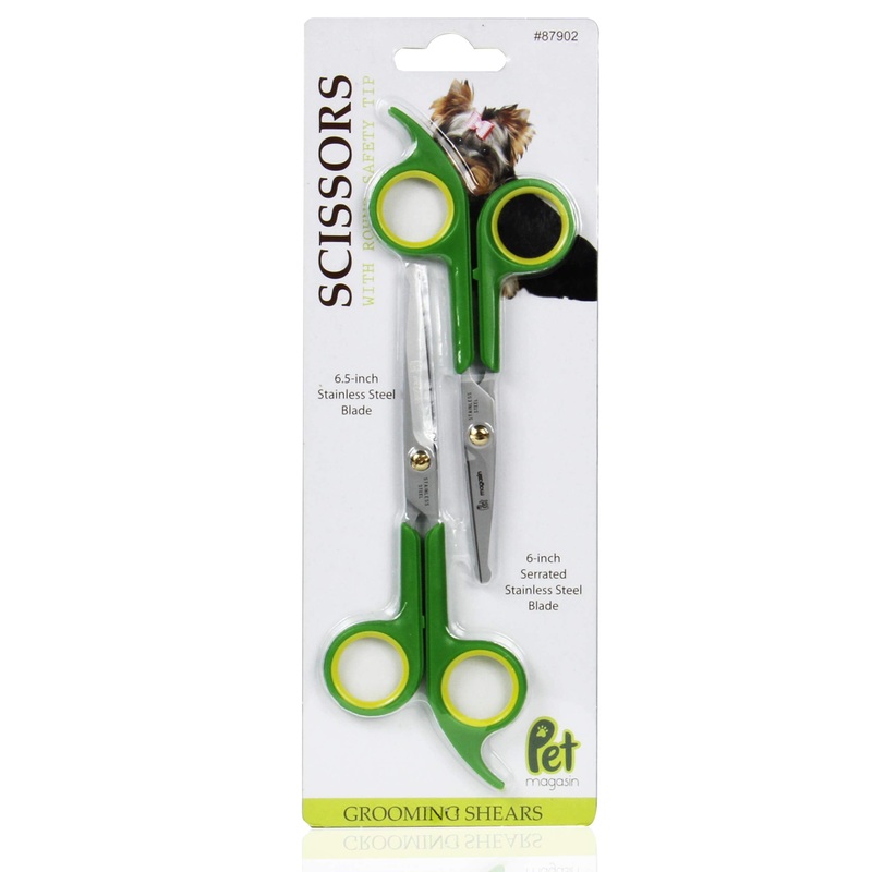 Pet Magasin Japanese Stainless Steel Grooming Scissors (2) for Facial Hair and Larger for Body Trimming with Round Tip Light Green and Yellow Large