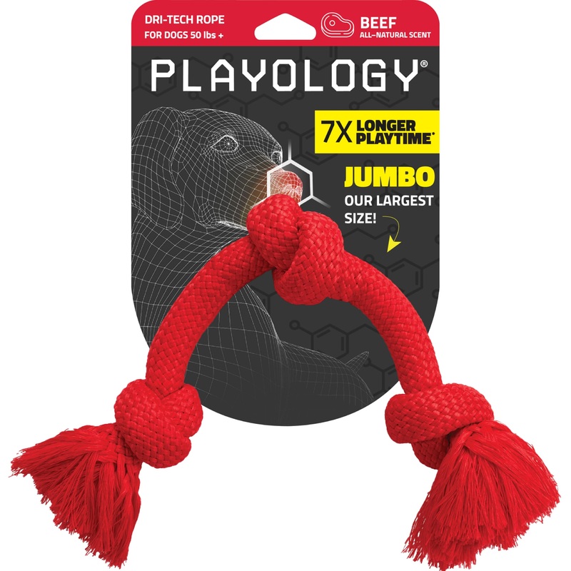 Playology Dri Tech Rope Dog Chew Toy for Large to X-Large Dogs 50lbs & up | Engaging, All-Natural Beef Scented Red Dog Toy for Tough Chewers | Easy to Clean | Interactive and Non-Toxic Jumbo